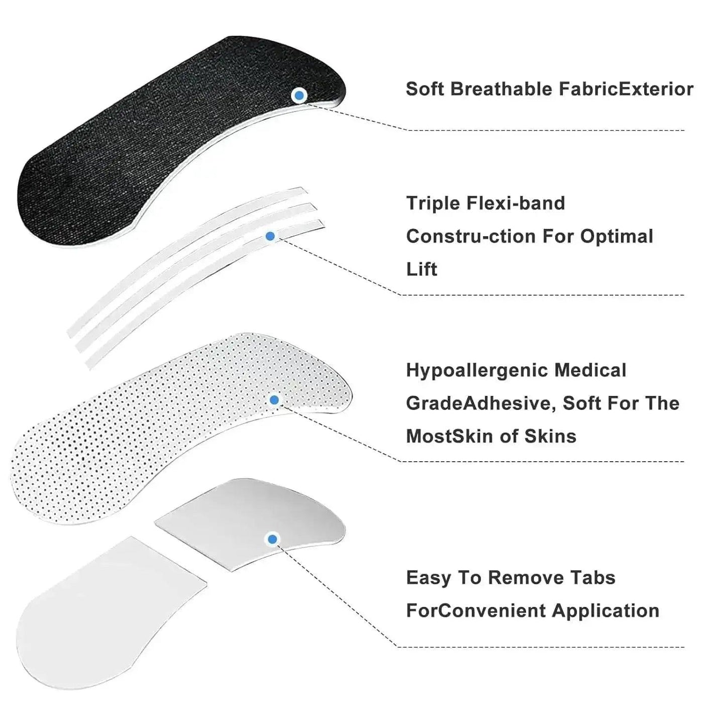 Breathable fabric breast lift strips with hypoallergenic adhesive and easy-remove tabs for comfortable support