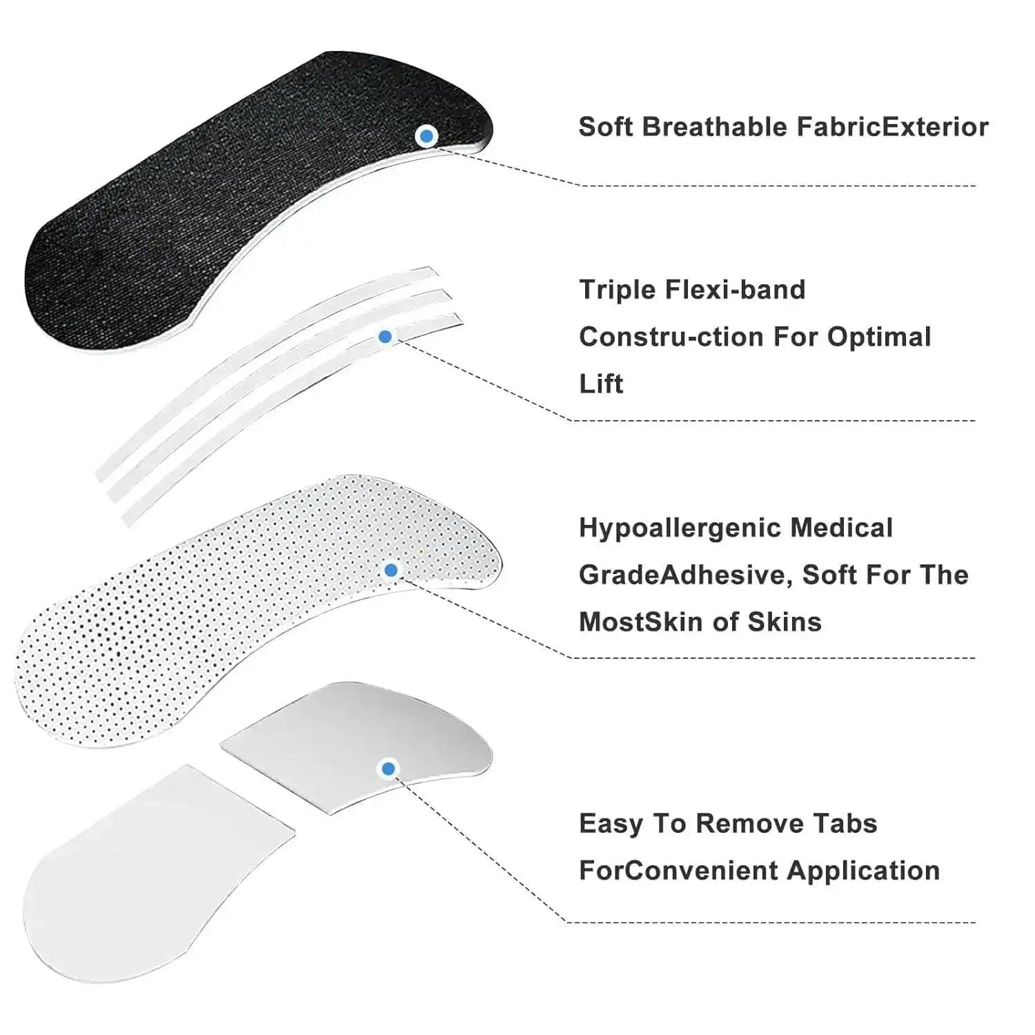 Breathable fabric breast lift strips with hypoallergenic adhesive and easy-remove tabs for comfortable support