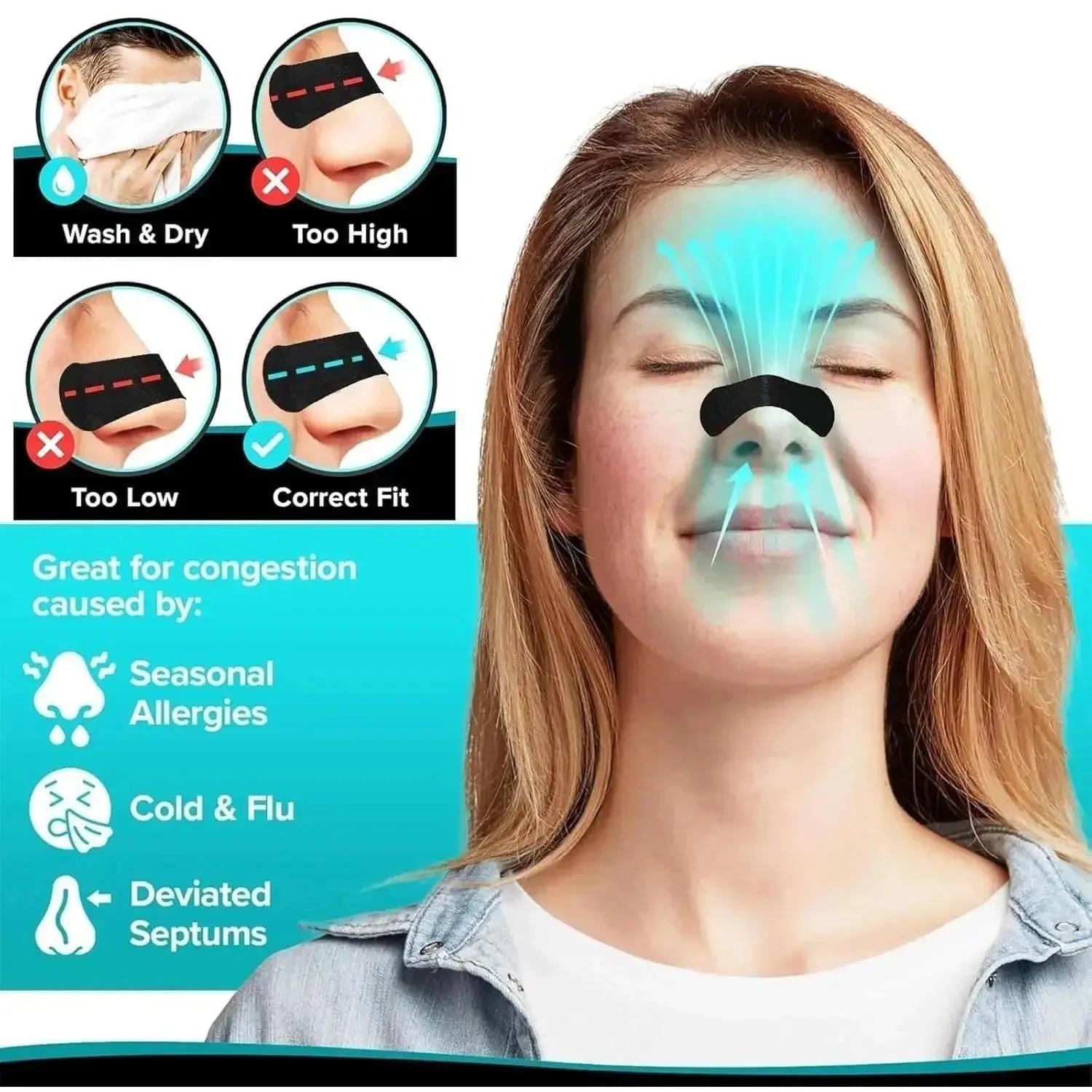 Nasal strip for congestion relief from allergies, cold & flu, shown with correct fit guide on woman's nose