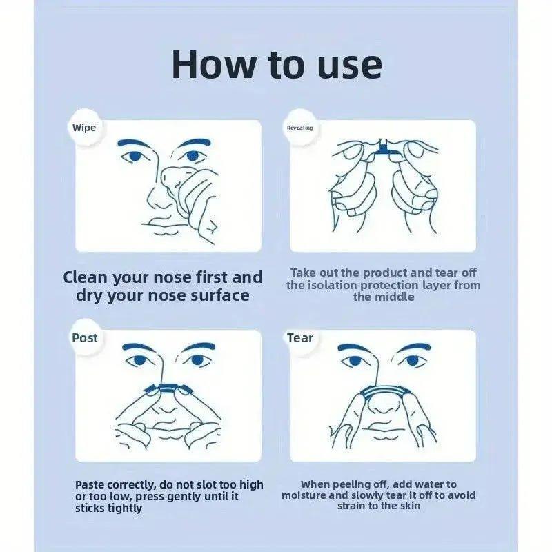 Step-by-step guide for applying nose strip: wipe, reveal, post, tear for clear skin