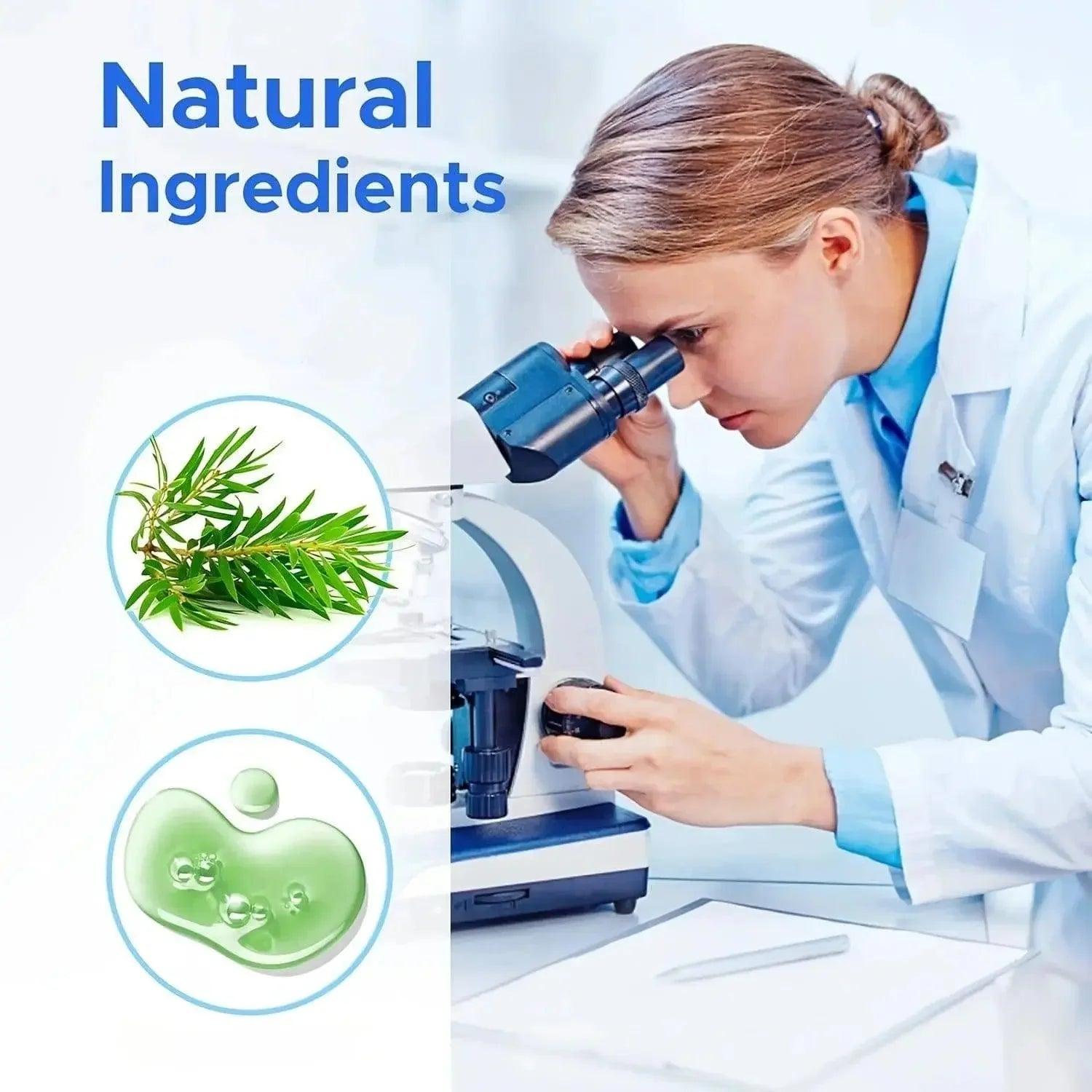 Scientist examining natural ingredients under microscope for beauty products