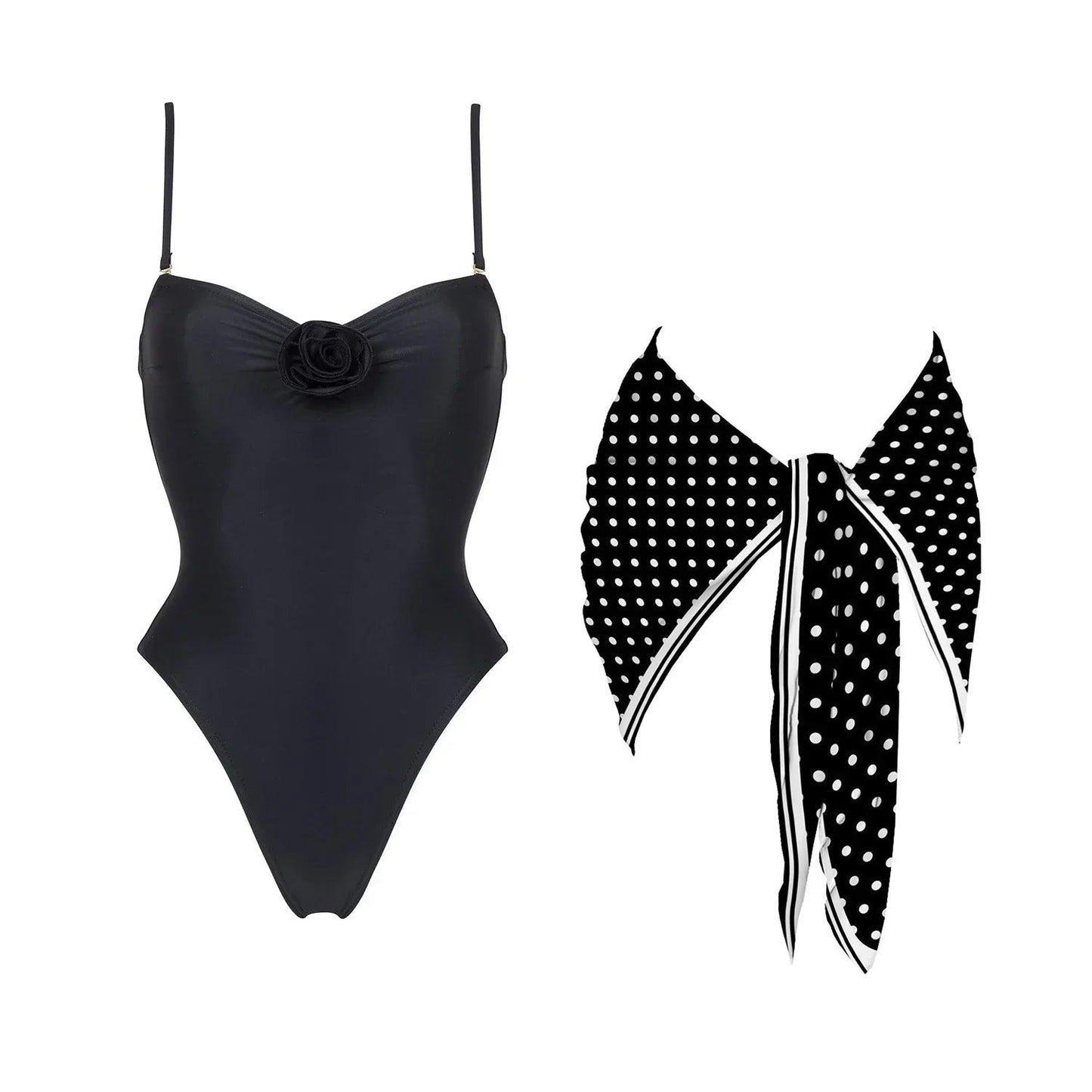Black one-piece swimsuit with floral detail and polka dot scarf, women's fashion swimwear