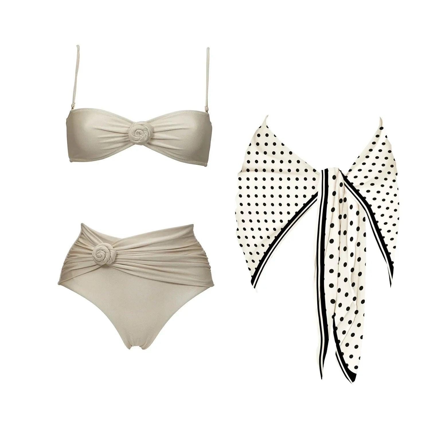 Beige twist-front bikini set with polka dot sarong, women's fashion swimwear
