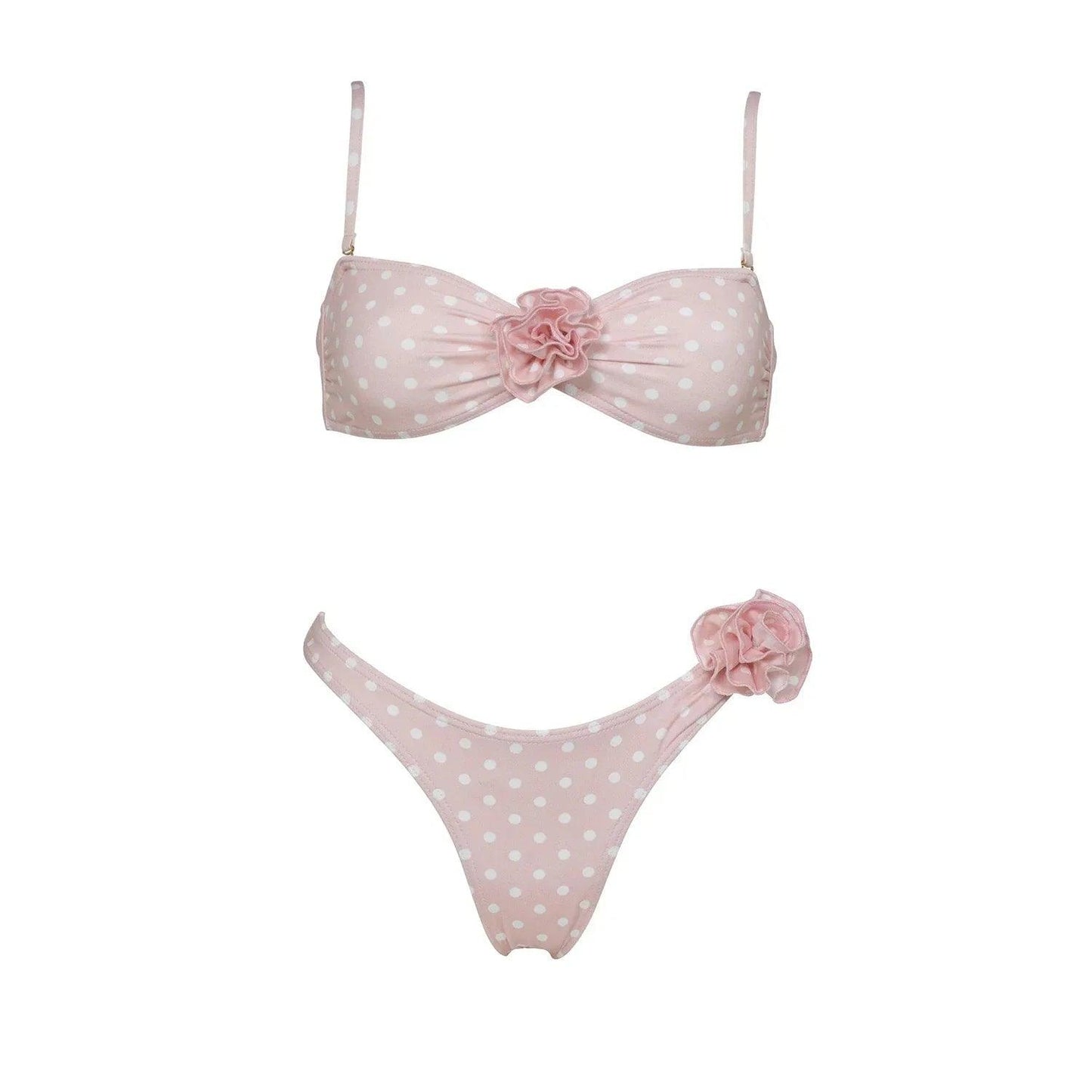 Pink polka dot bikini set with floral ruffle details, women's fashion swimwear