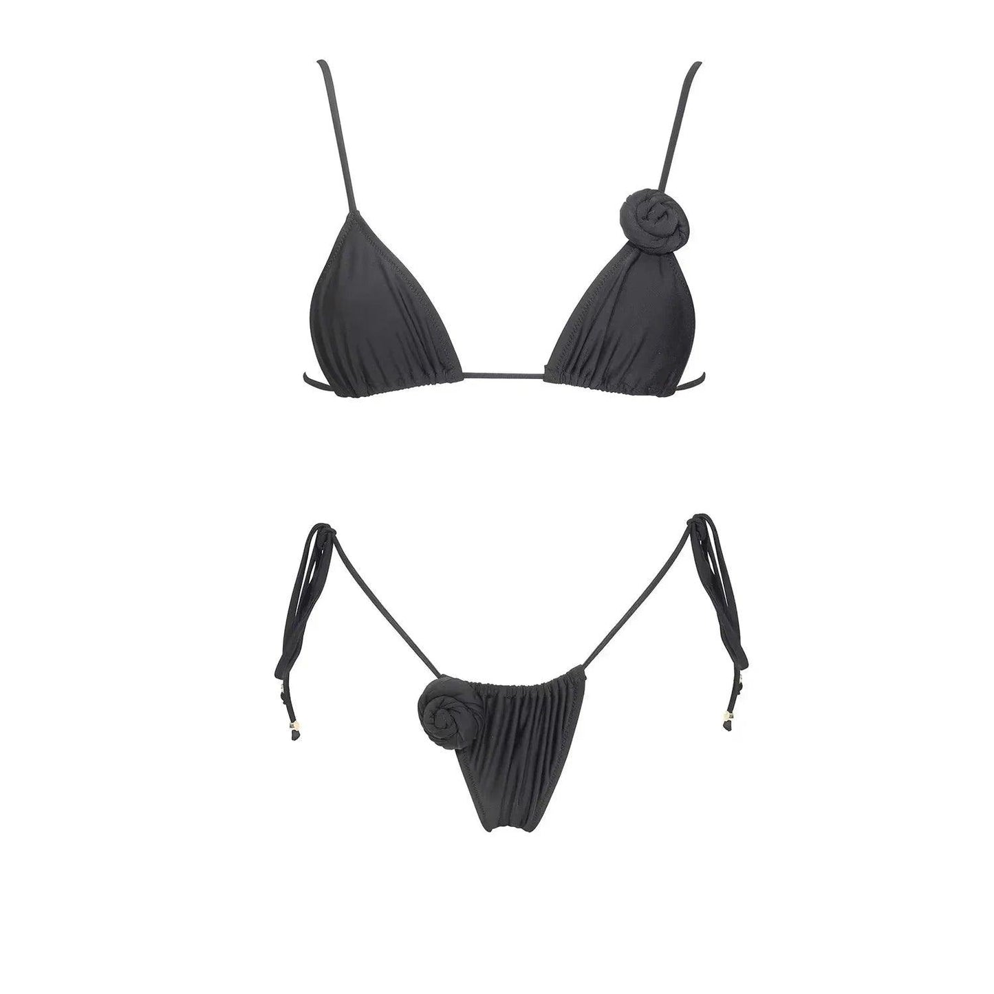 Black floral bikini set with ruched triangle top and side-tie bottoms, women's swimwear fashion