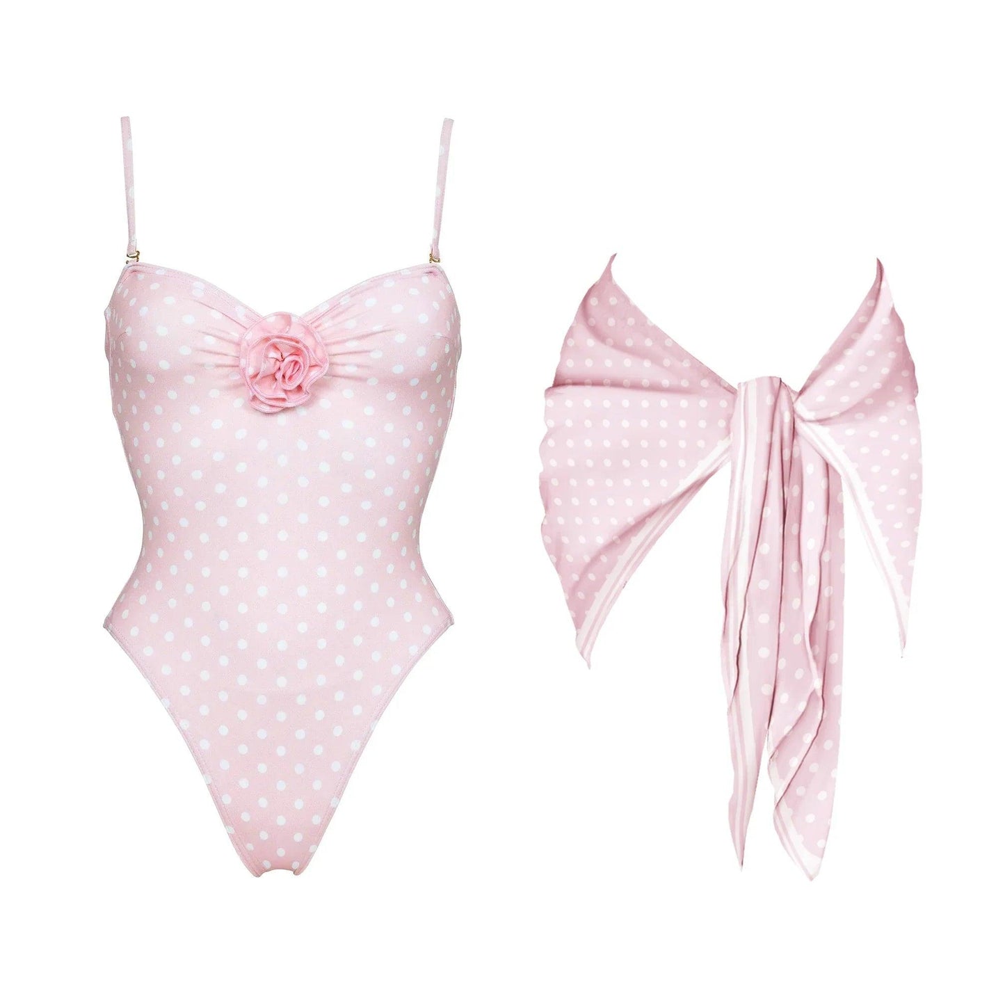 Pink polka dot one-piece swimsuit with flower detail and matching bow cover-up, women's fashion