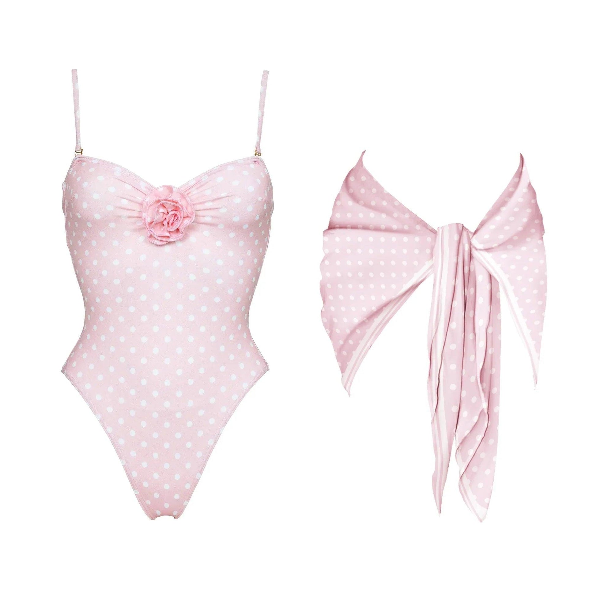 Pink polka dot one-piece swimsuit with flower detail and matching bow cover-up, women's fashion
