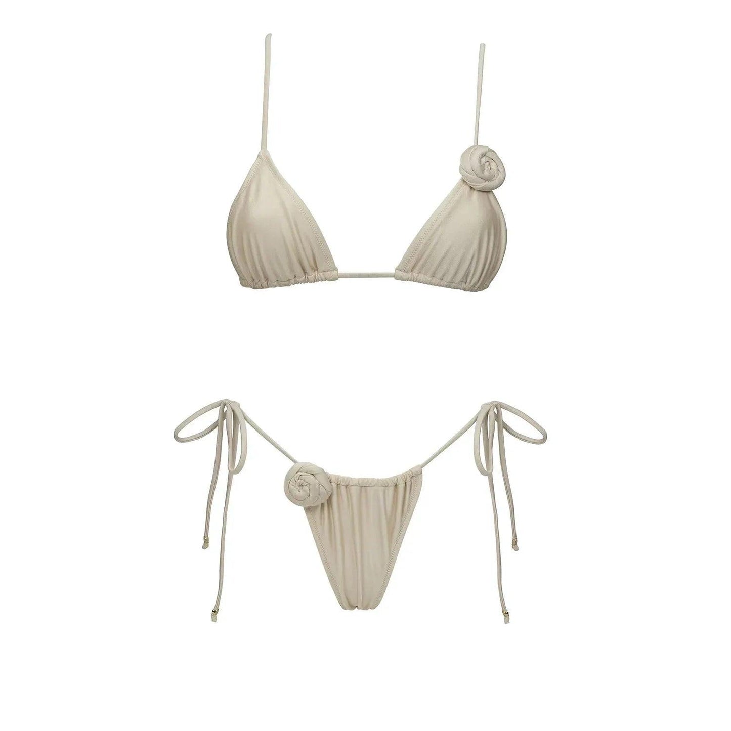 Cream floral bikini set with rose detail, women's beachwear fashion