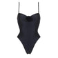 Black one-piece swimsuit with floral detail, elegant women's fashion swimwear