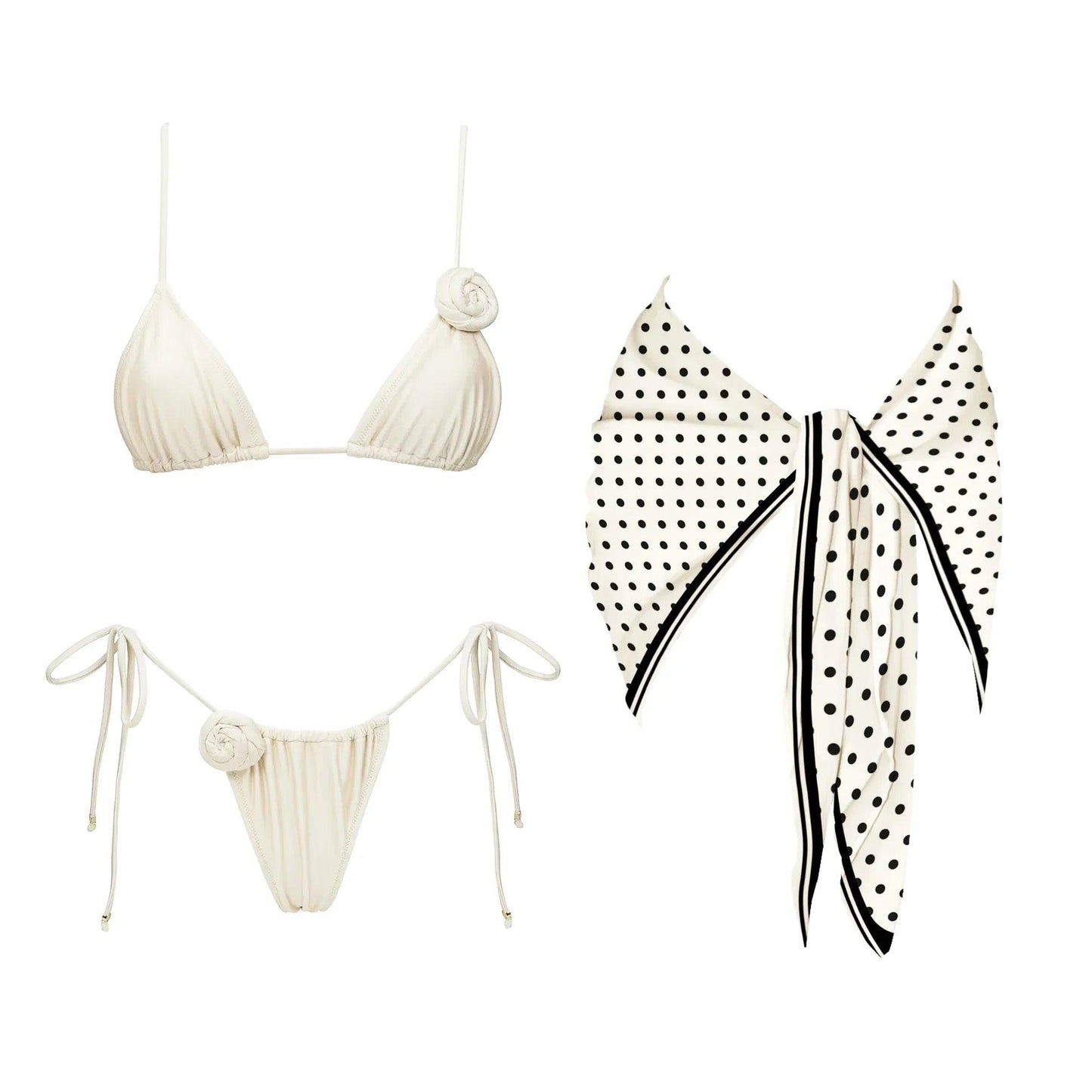 Cream bikini set with floral knot details and polka dot sarong, women's beachwear fashion