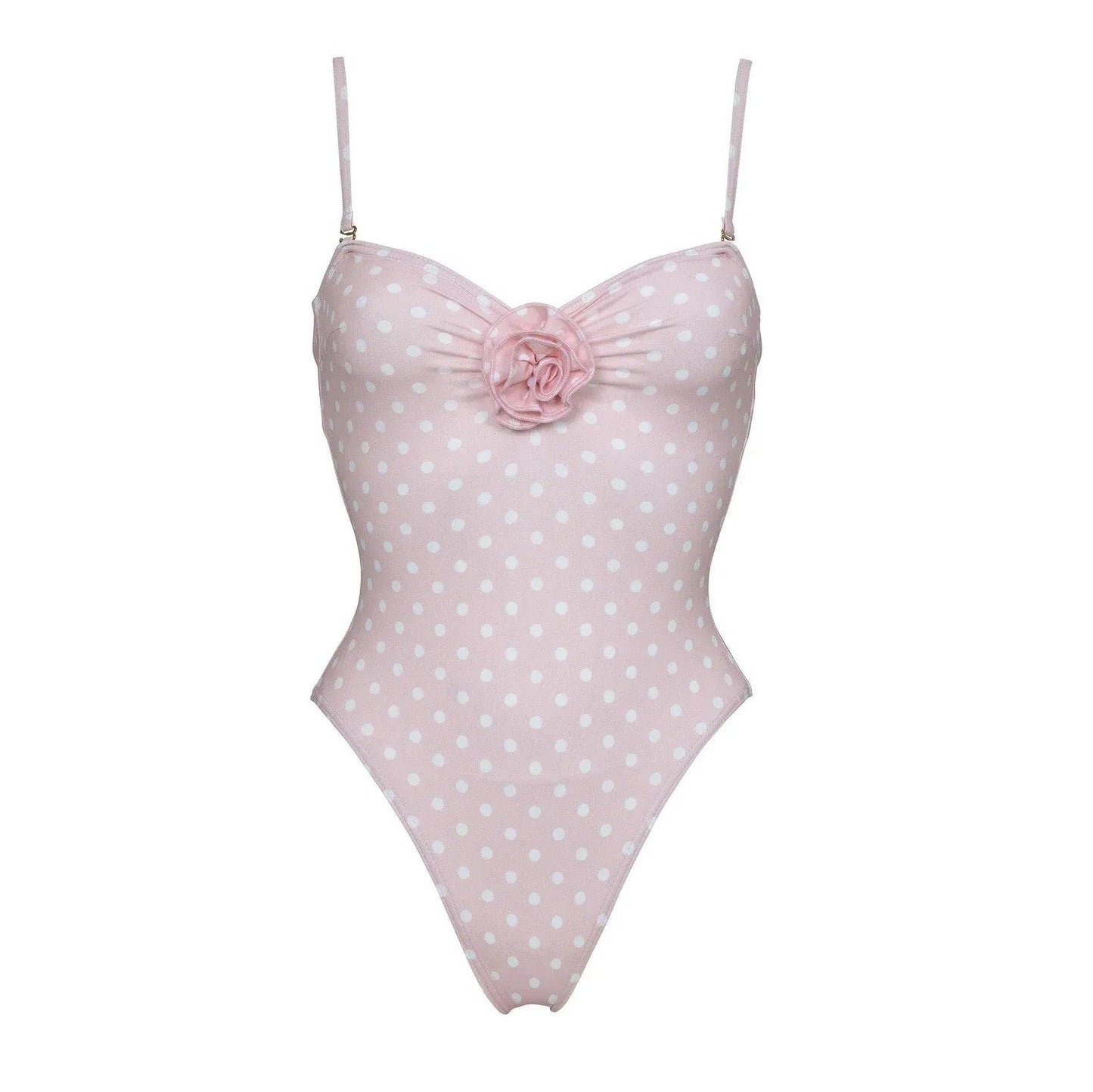 Pink polka dot one-piece swimsuit with floral accent, women's fashion swimwear