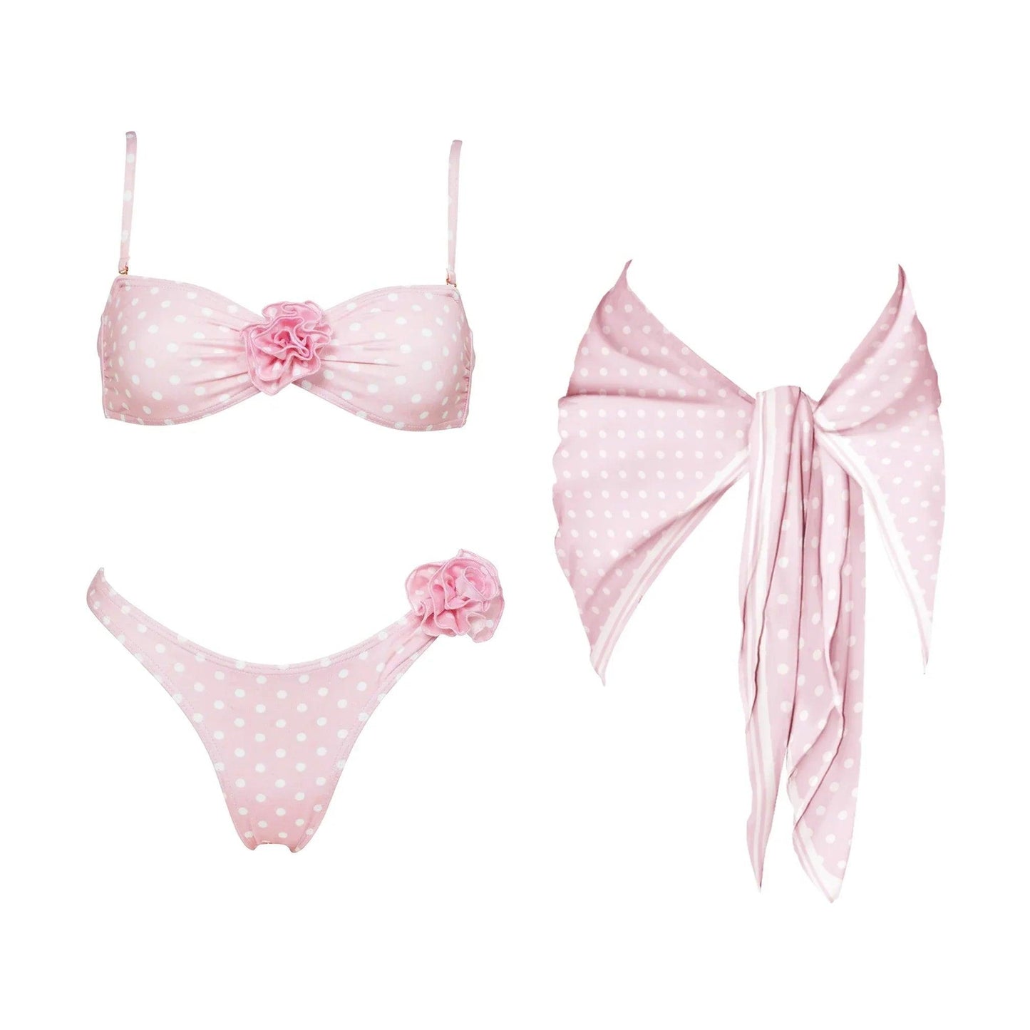 Pink polka dot bikini set with floral accents and matching bow cover-up for women's fashion