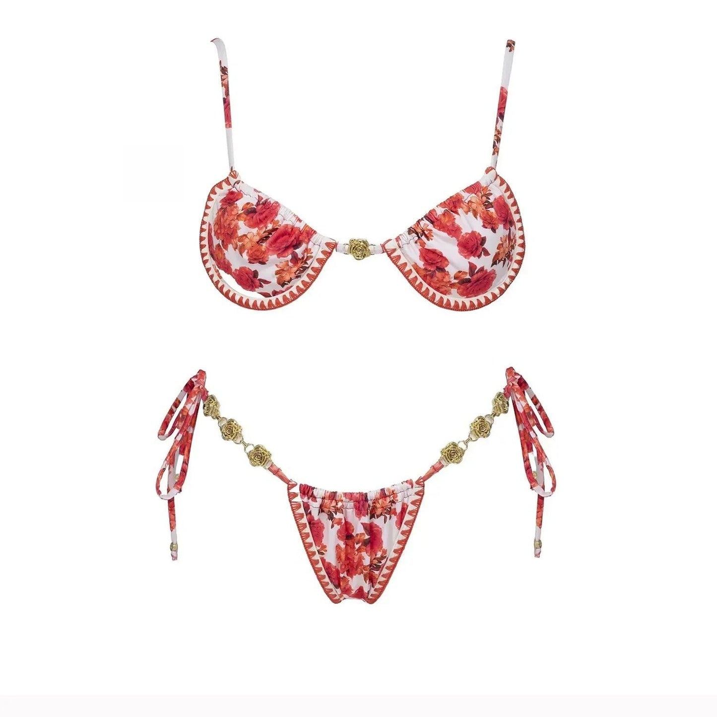 Floral print bikini set with gold rose accents, women's fashion swimwear