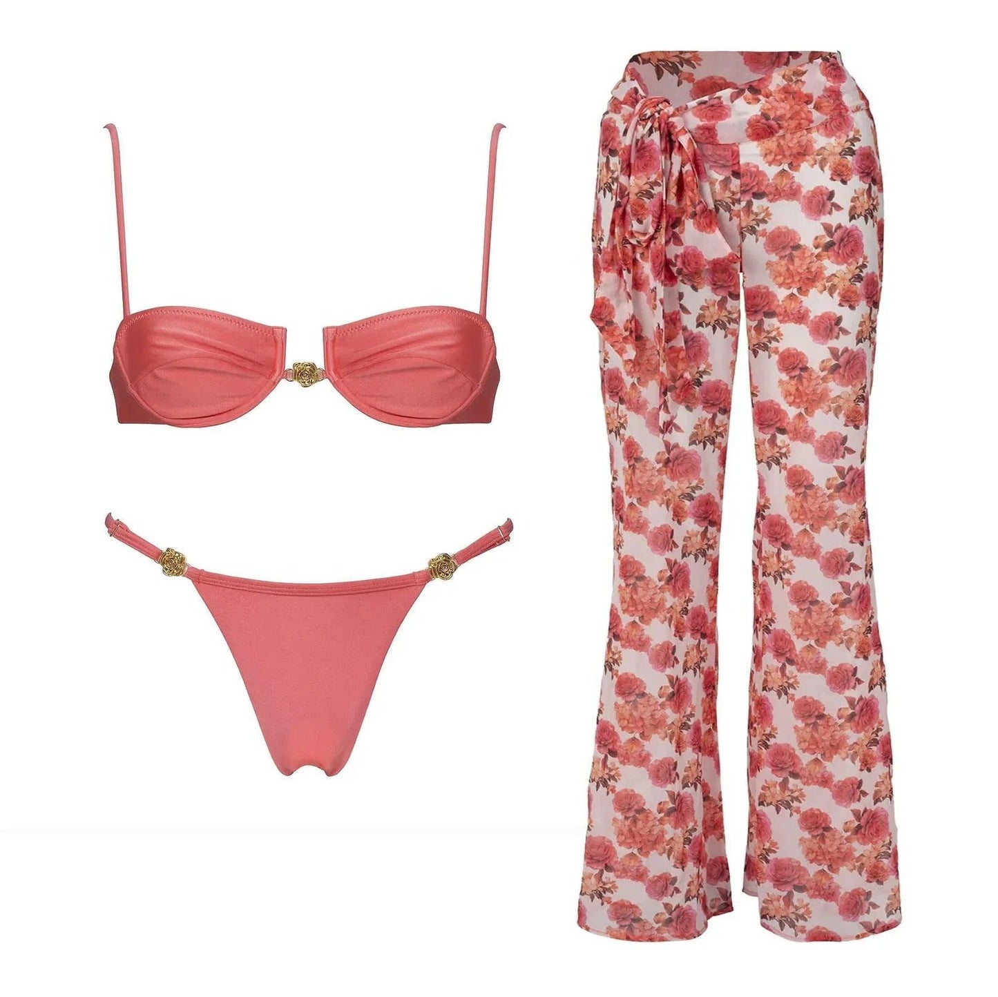 Pink bikini set with gold accents and floral print palazzo pants for women's fashion