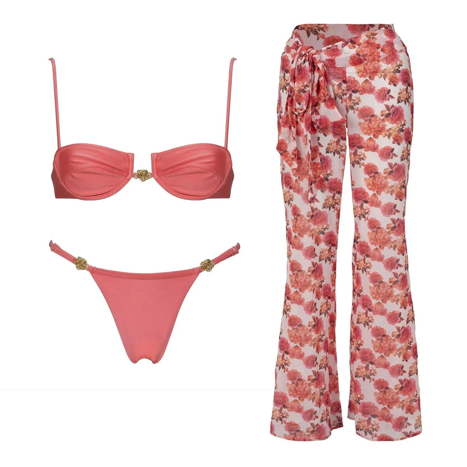 Pink bikini set with gold accents and floral print palazzo pants for women's fashion
