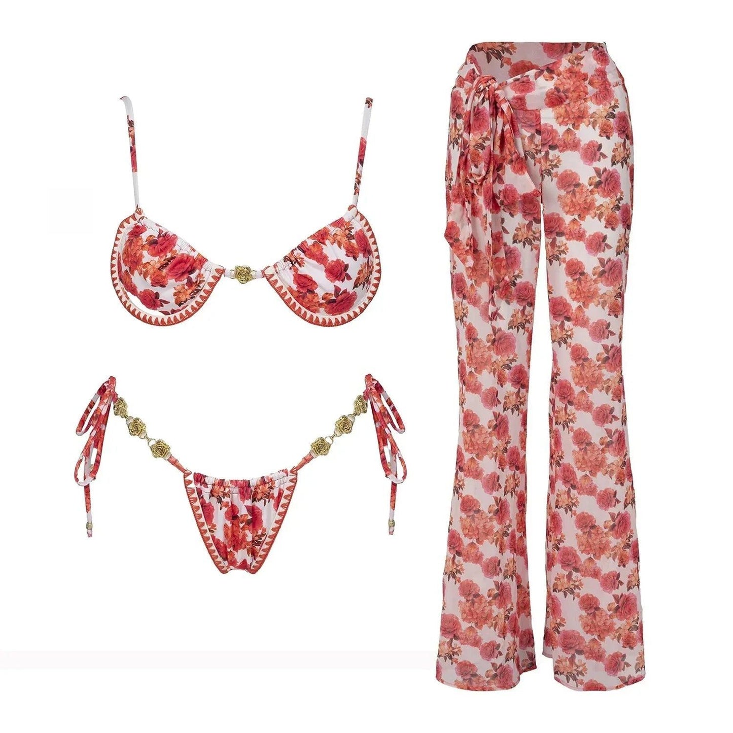 Floral print bikini set with matching wide-leg pants, women's fashion