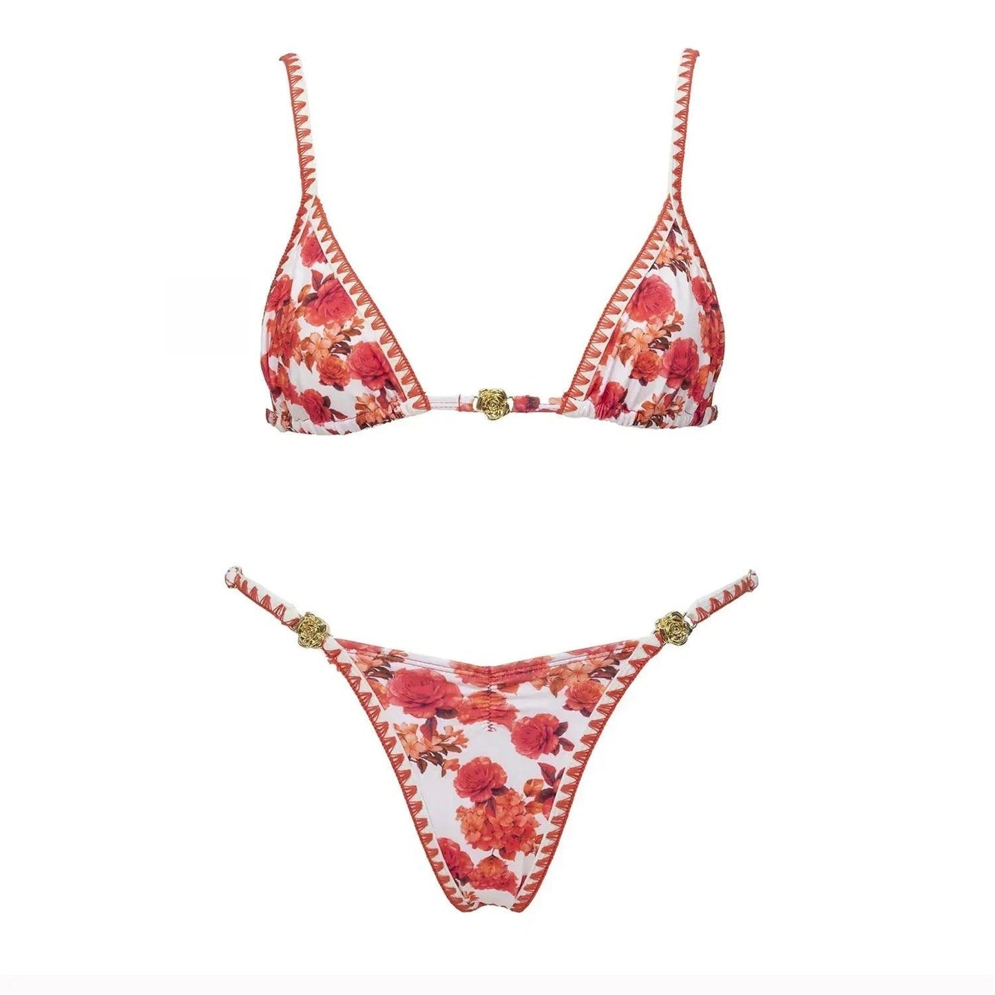 Floral print bikini set with red roses, gold accents, and triangle top for women's fashion