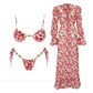 Floral print bikini set with matching long-sleeve maxi dress, women's fashion