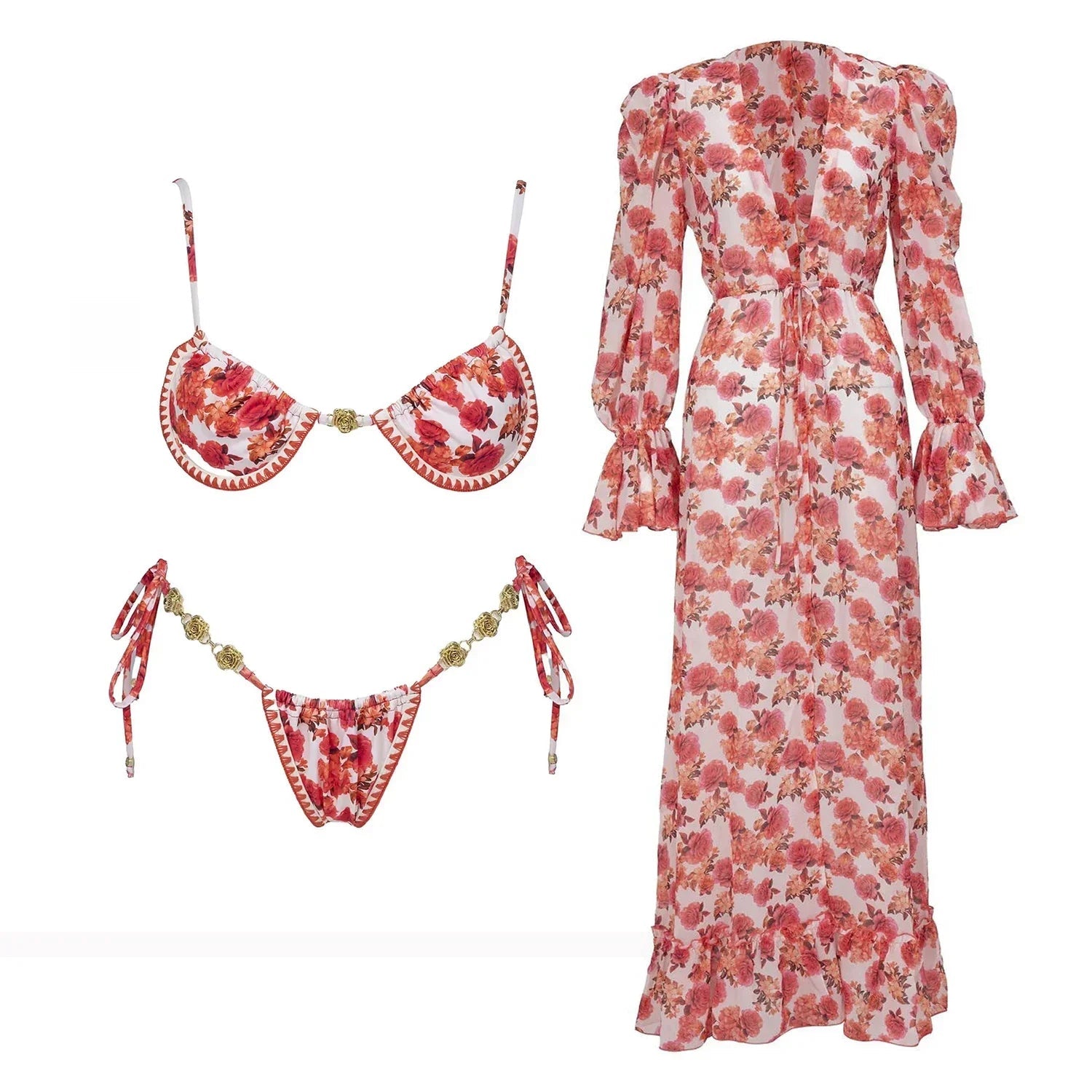 Floral print bikini set with matching long-sleeve maxi dress, women's fashion