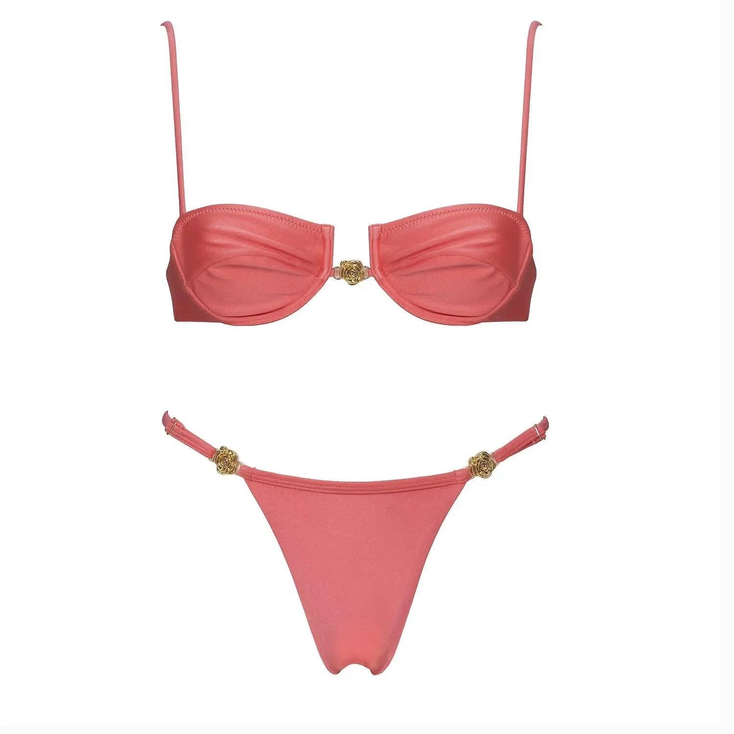 Pink bikini set with gold rose details, women's fashion swimwear