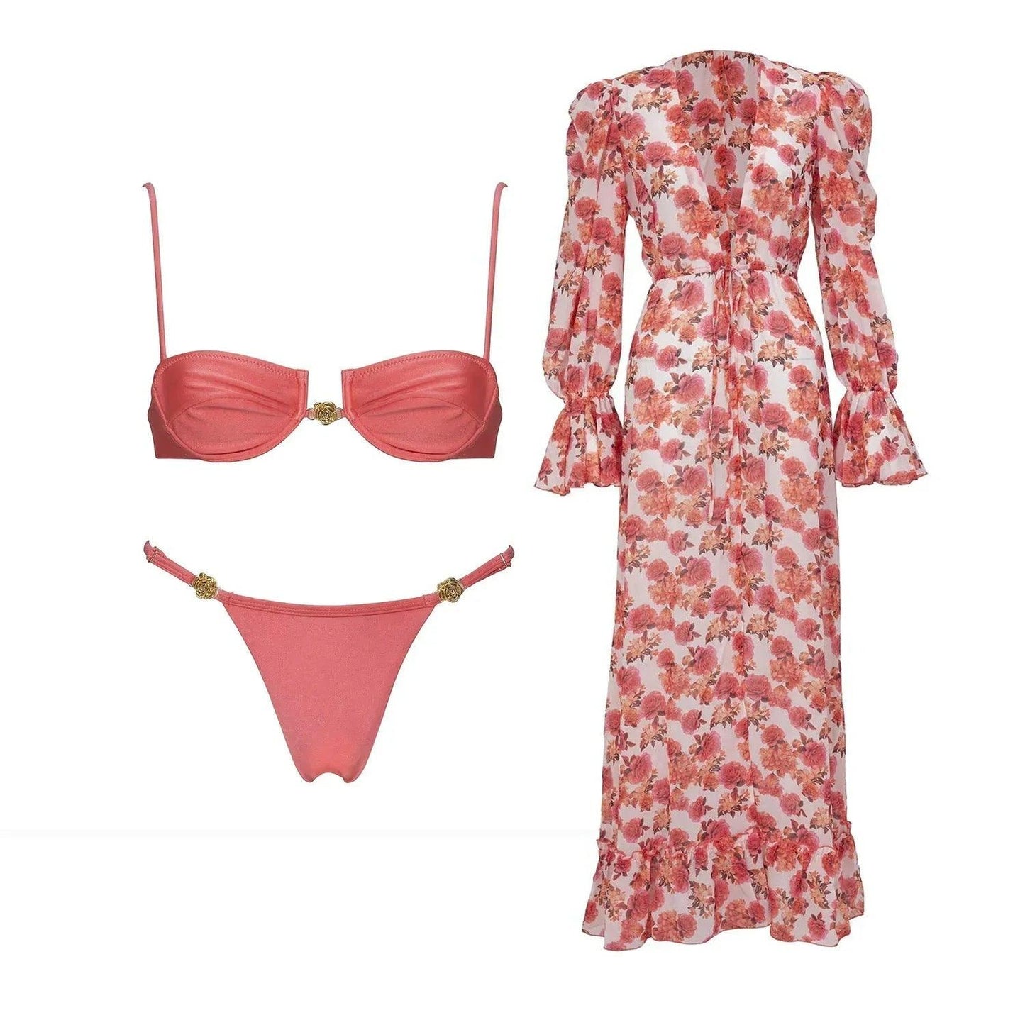 Coral bikini with gold accents and floral long-sleeve cover-up dress for women's fashion
