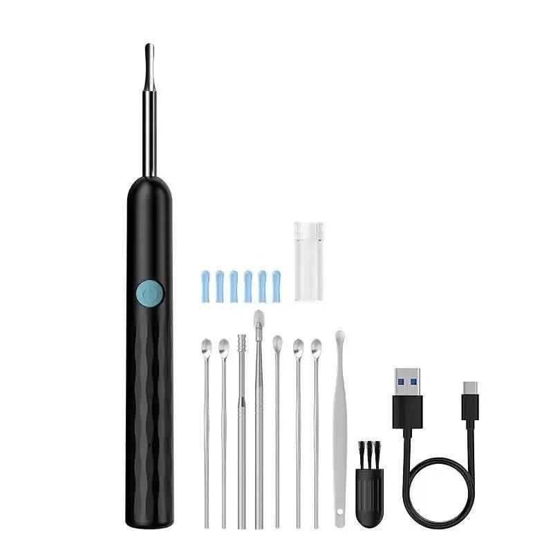 Black electric toothbrush with multiple brush heads and USB charging cable for oral care