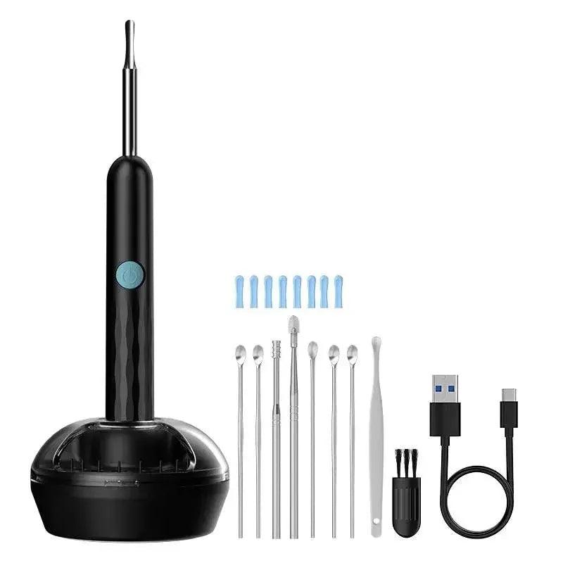 Black electric oral irrigator with multiple tips, charging base, and USB cable for dental care