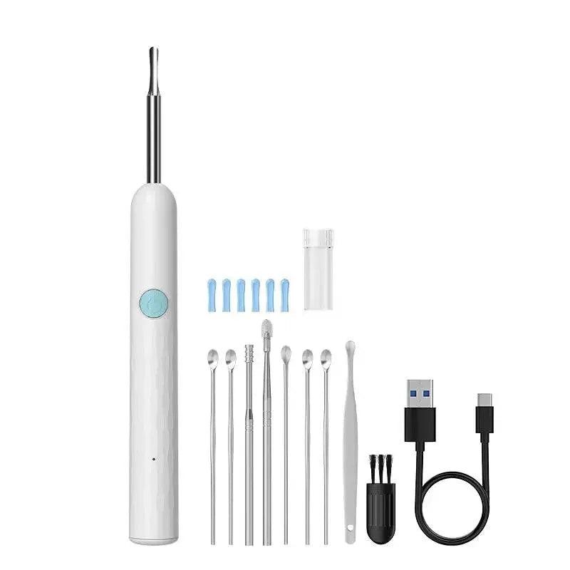 White electric oral irrigator with multiple dental tips, USB charging cable, and travel case for at-home teeth cleaning
