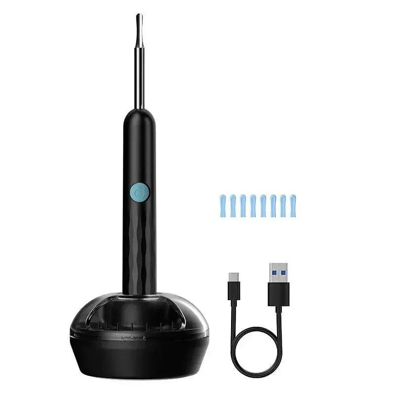 Black USB rechargeable water flosser with charging base, replacement tips, and charging cable