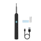 Black electric oral irrigator with blue nozzle tips, USB charging cable, and travel case for dental care