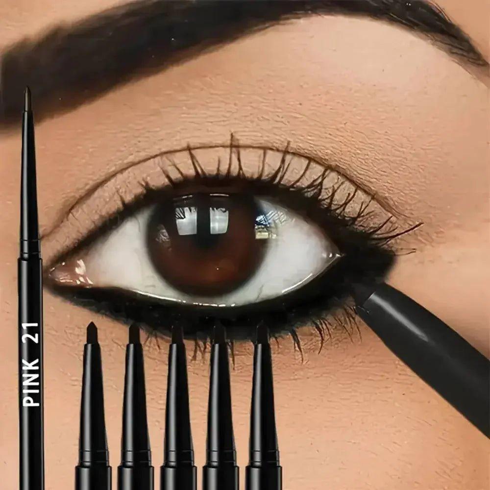 Black liquid eyeliner pen applying precise winged liner on brown eye, waterproof makeup tool for women’s fashion beauty
