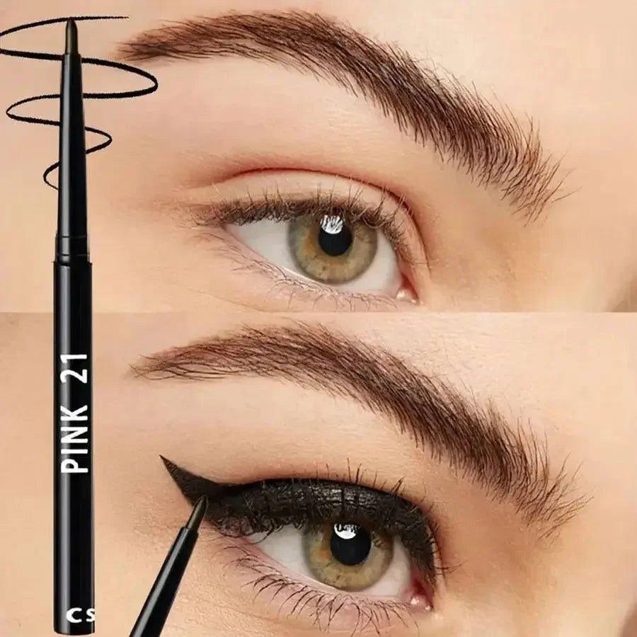 Pink 21 eyeliner pencil creating sharp winged liner on green eye, beauty makeup tool