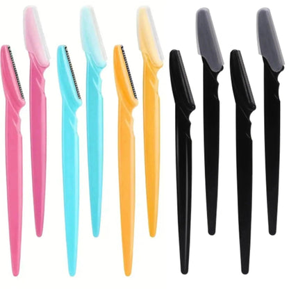Colorful eyebrow razors with safety guards for women's facial hair removal, beauty grooming tools
