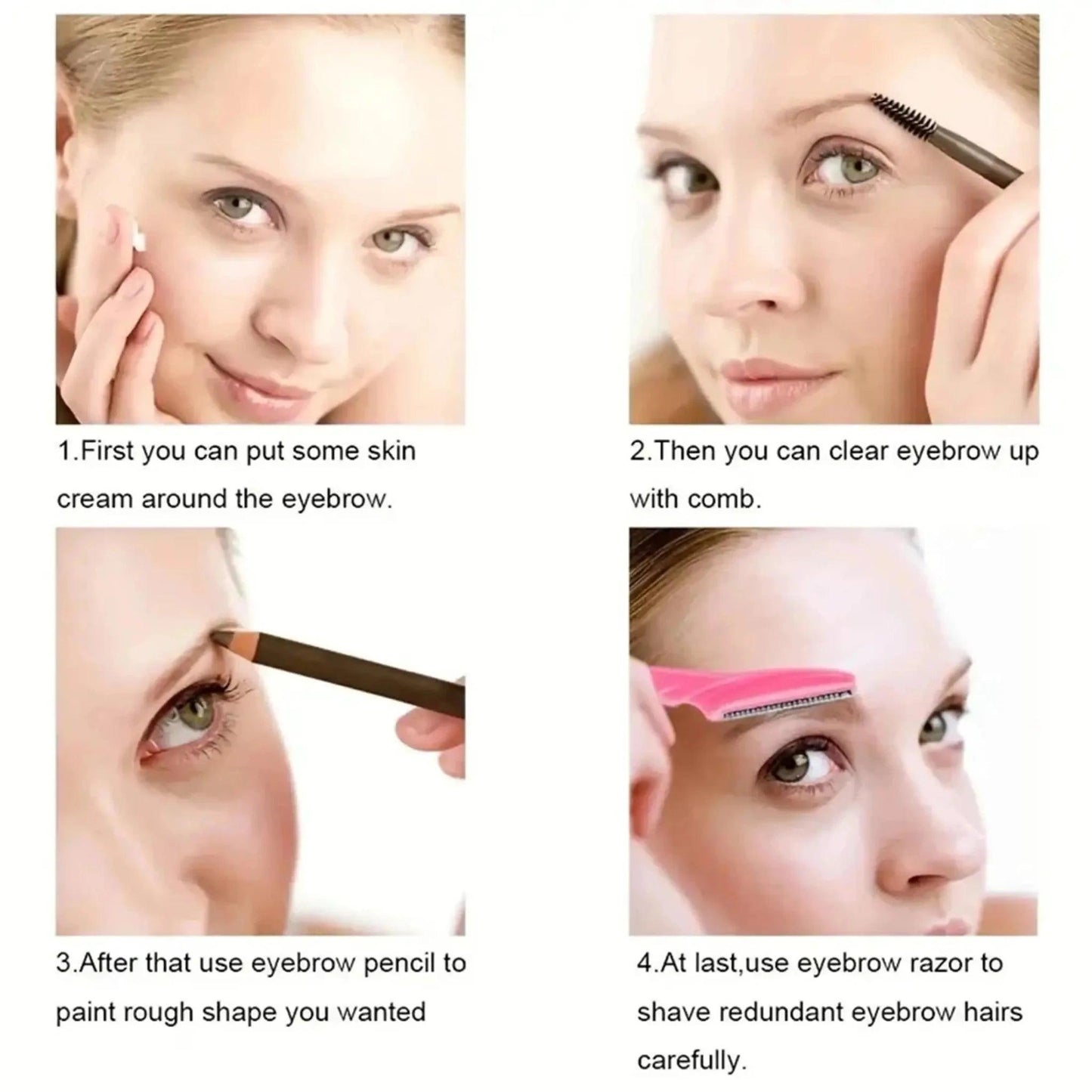 Step-by-step eyebrow shaping guide with cream, comb, pencil, and razor for perfect brows