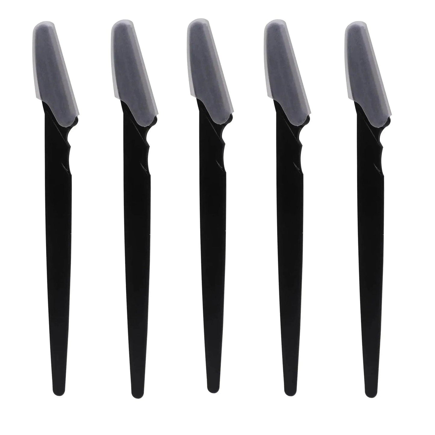 Five black eyebrow razors with gray safety caps for precise facial hair removal
