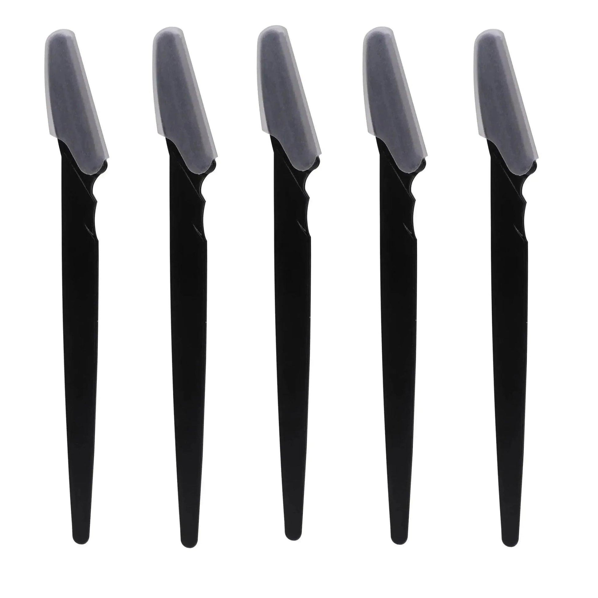 Five black eyebrow razors with gray safety caps for precise facial hair removal