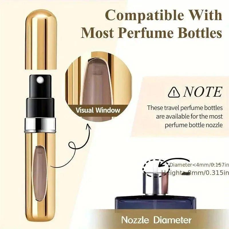 Gold travel perfume bottle with visual window, compatible with most perfume nozzles for women's fashion