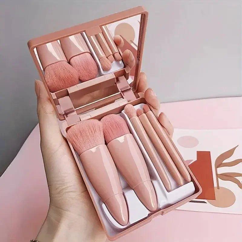 5Pcs Portable Makeup Brush Set With Mirror - Foldable Travel Kit ，Mini Makeup Brush Set Travel Makeup Brush Set - Womans Fashion