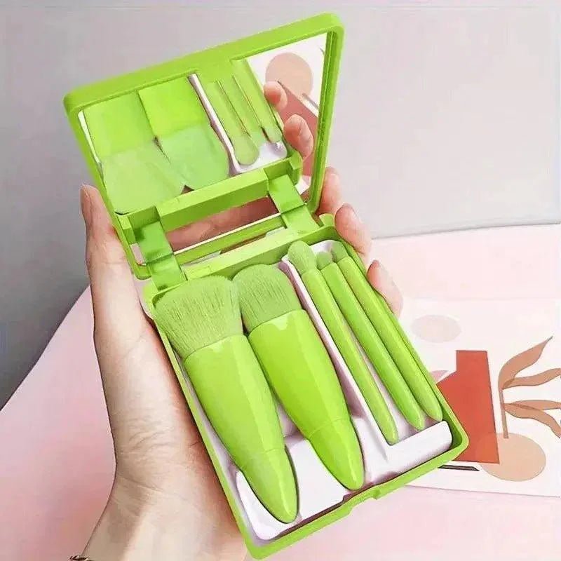 5Pcs Portable Makeup Brush Set With Mirror - Foldable Travel Kit ，Mini Makeup Brush Set Travel Makeup Brush Set - Womans Fashion