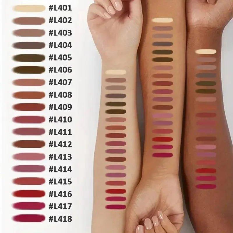 Lipstick swatches on diverse skin tones, shade range #L401–#L418 for women’s fashion beauty