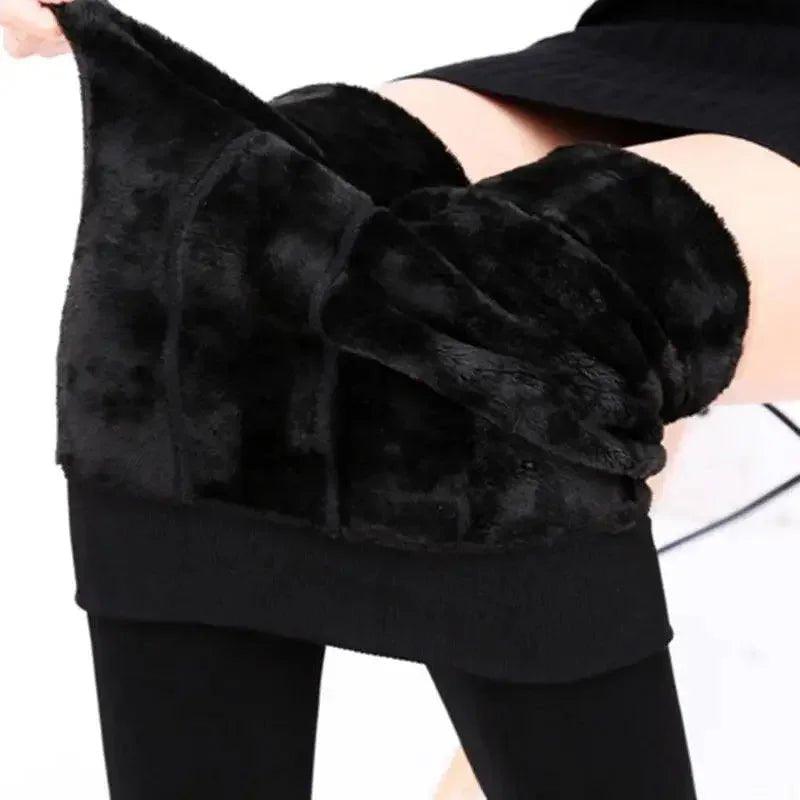 Black fuzzy lined leggings for women, cozy winter fashion wear