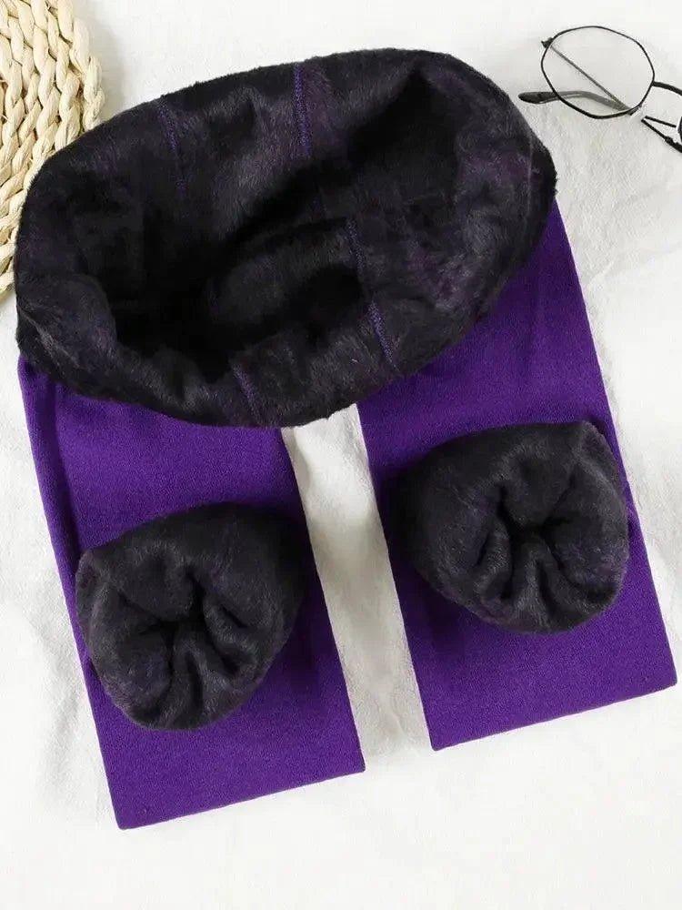 Purple women's thermal leggings with black fleece lining, cozy winter fashion
