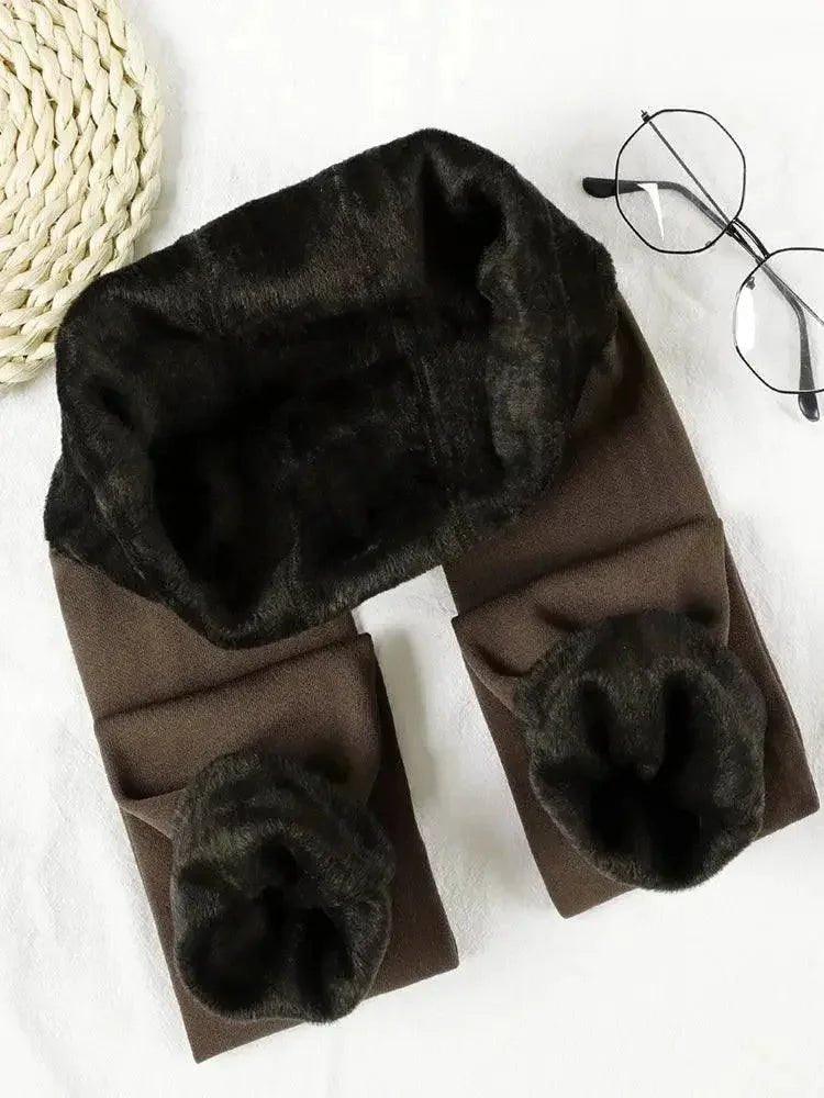 Black fuzzy tights with ribbed waistband, cozy winter fashion for women