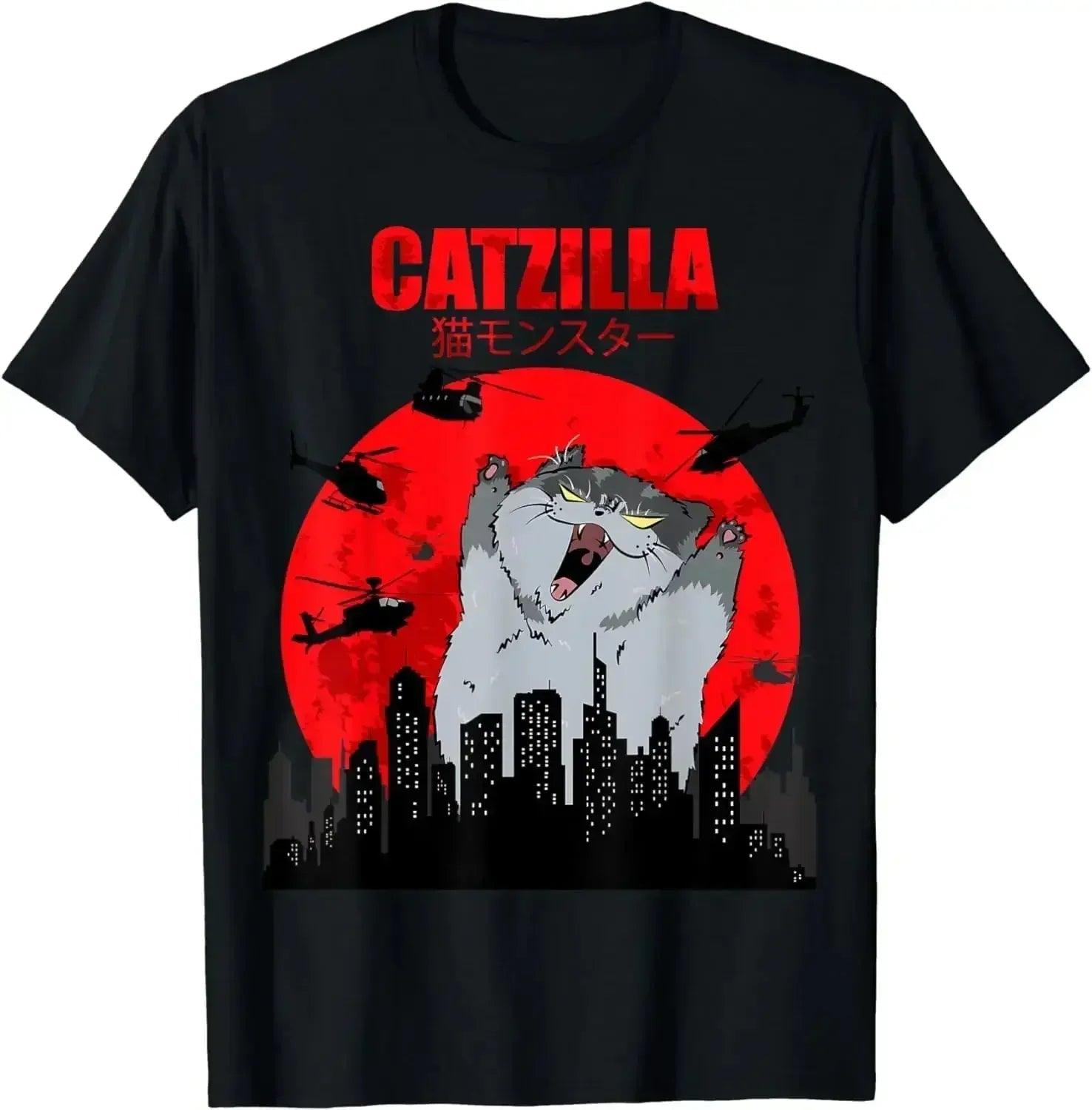 Catzilla monster cat t-shirt with city skyline, helicopters, and red moon graphic design