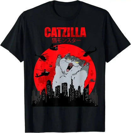 Catzilla monster cat t-shirt with city skyline, helicopters, and red moon graphic design