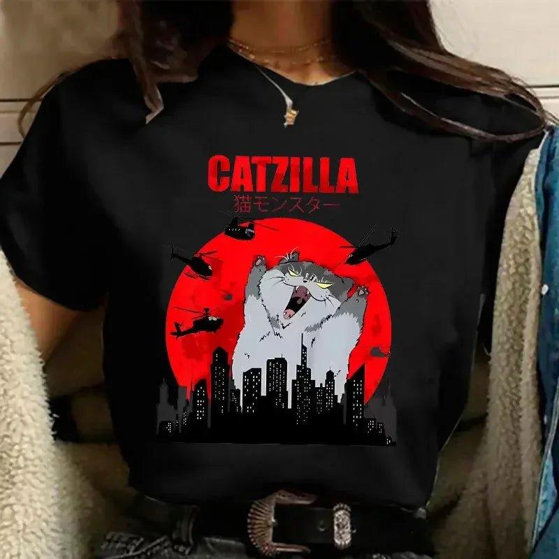 Catzilla funny cat monster graphic tee, women's fashion black t-shirt with red moon city print