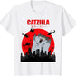 Catzilla monster cat t-shirt with city skyline, helicopters, and red sun graphic design