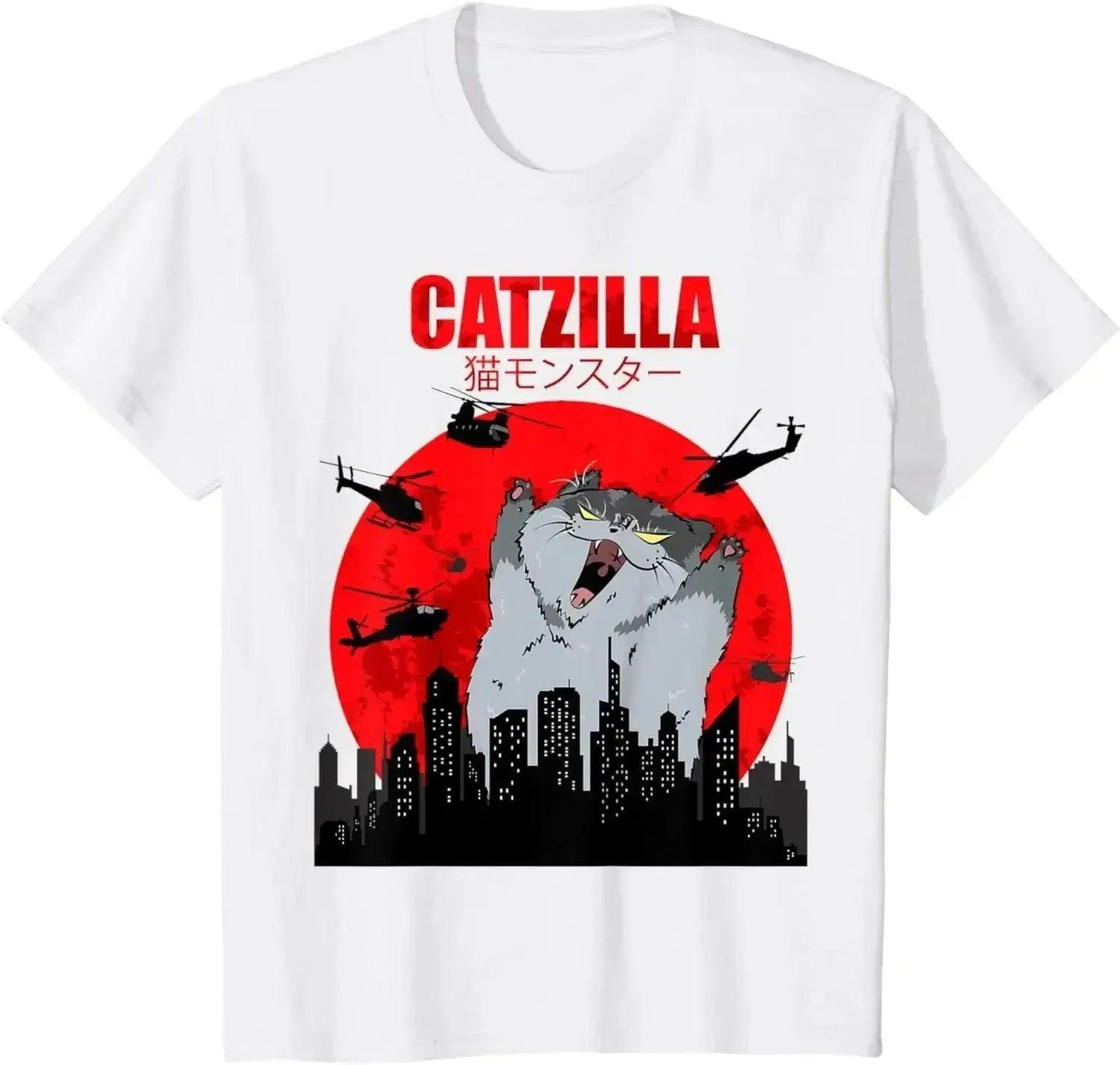 Catzilla monster cat t-shirt with city skyline, helicopters, and red sun graphic design