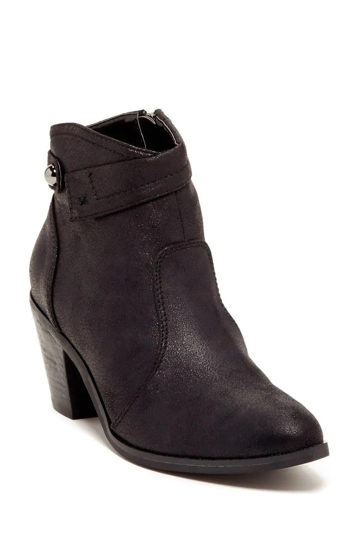 Black suede ankle boot with block heel and side buckle, women's fashion footwear
