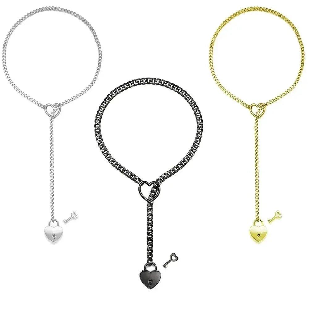 Women's heart lock and key pendant necklaces in silver, black, and gold tones